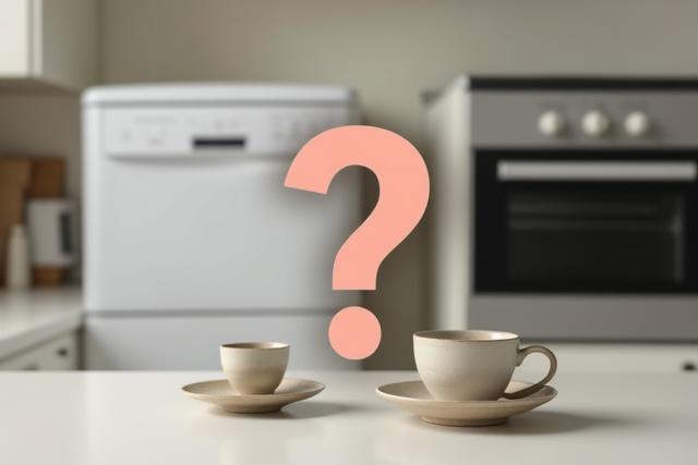 Question mark over dishwasher and microwave indicating uncertainty for ceramic safety