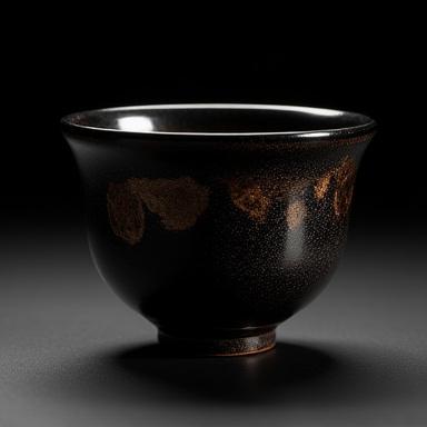 深い黒色に結晶模様が特徴の天目釉の茶碗