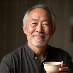 Kisetsu Ceramicsのマスター陶工、高尾和夫の温かい笑顔のポートレート。繊細な陶器を手にしている。